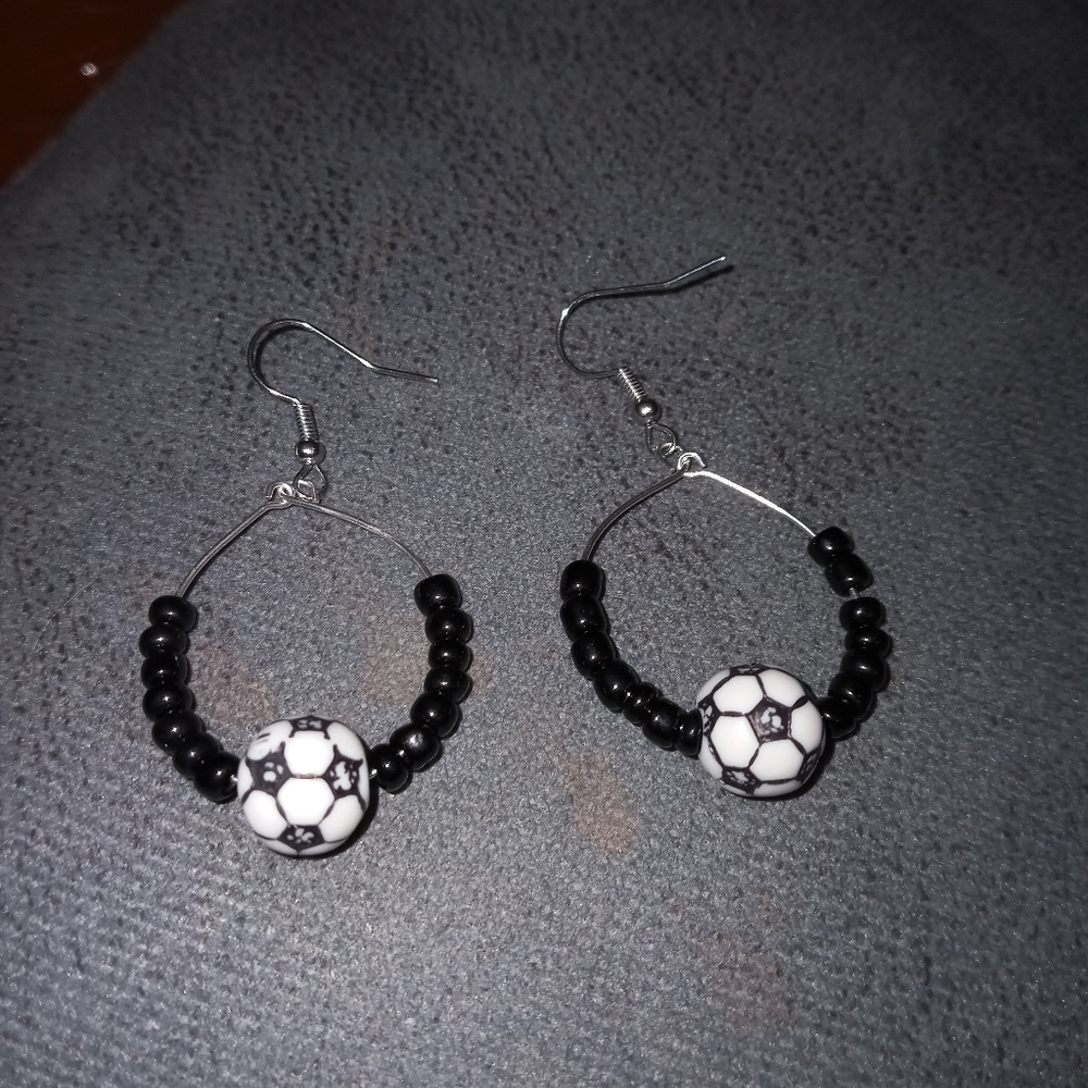 Hand Crafted Soccer mom soccer ball silver plated hoop statement Earrings